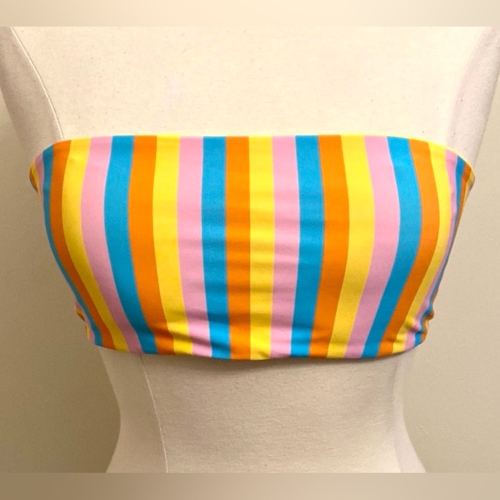 Night Dive Swim Pink Yellow Orange Blue Striped Padded Bandeau Bikini Top SZ M